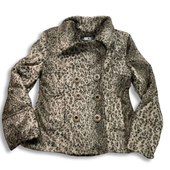 BKE Jacket Womens L Animal Print Faux Fur Gray Peacoat Double Breasted Cheetah - Picture 8 of 11